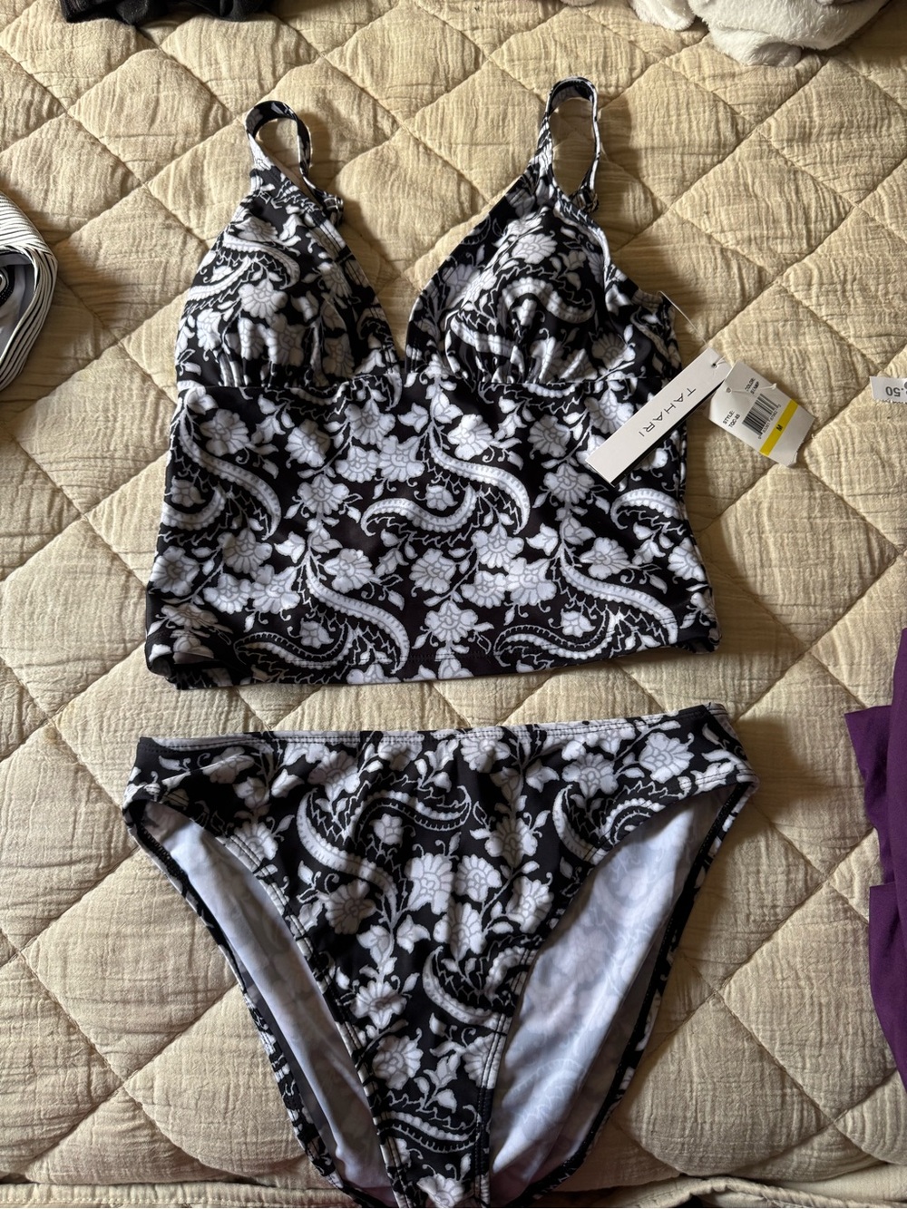 Tahari Black & White Floral Tankini Top and Bikini Bottoms
